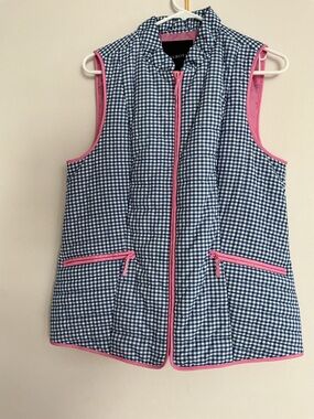 Talbots Navy and White Gingham Puffer Vest with Pink Trim